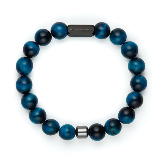 Thomas & George Herren Armband mit 8mm Hämatit & Tigerauge Perlen - Blauer Effekt